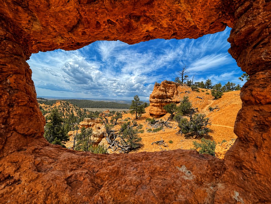 Red-rock natural opening framing a desert canyon landscape and bright blue, cloud-streaked sky.