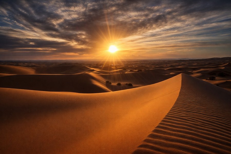 Rolling golden sand dunes at sunset, with the low sun casting long shadows across rippled sand.