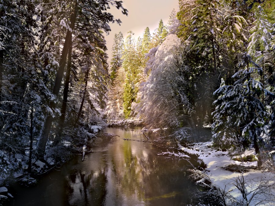 A narrow Yosemite river winds through snow-covered forest as warm light touches distant granite cliffs.