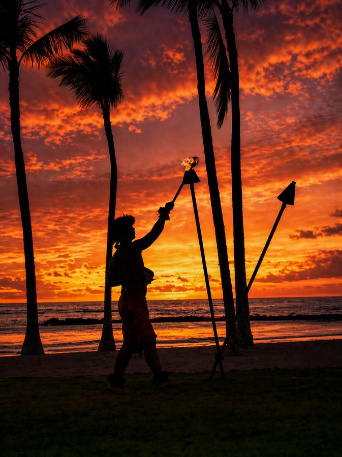 Silhouette of a person raising one arm beside a tripod and palm trees against a fiery orange tropical sunset.