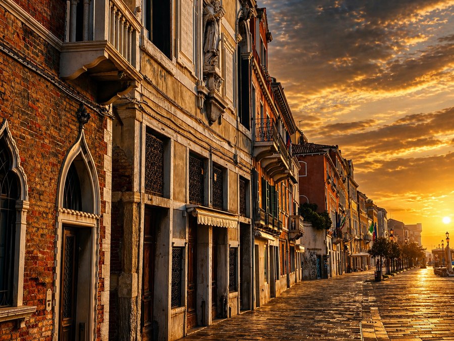 A narrow Venetian street glows with golden late-afternoon light between weathered historic buildings.