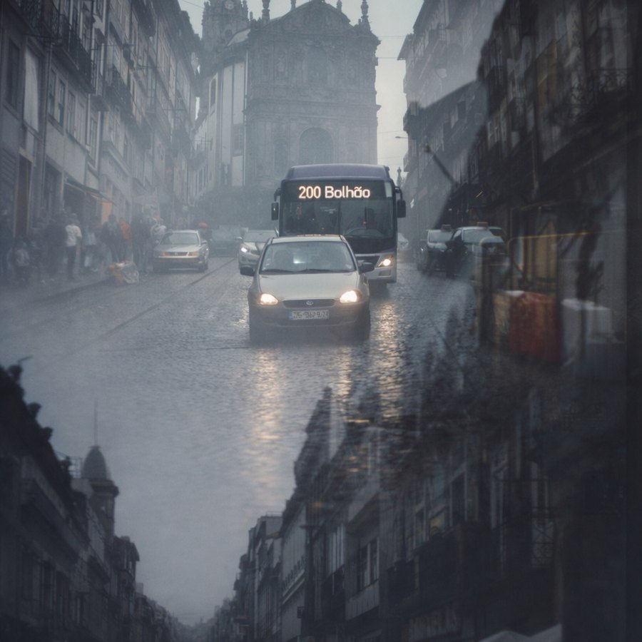 Foggy Porto street with bus and church
